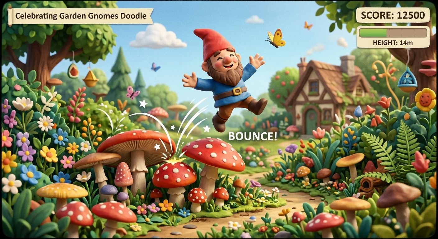 A clay gnome bouncing off mushrooms in the Celebrating Garden Gnomes Doodle.