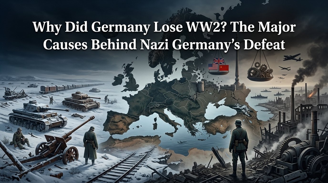 Why Did Germany Lose WW2? The Major Causes Behind Nazi Germany’s Defeat featuring the Eastern Front, Allied strength, military strategy, resource shortages, and Germany's defeat.
