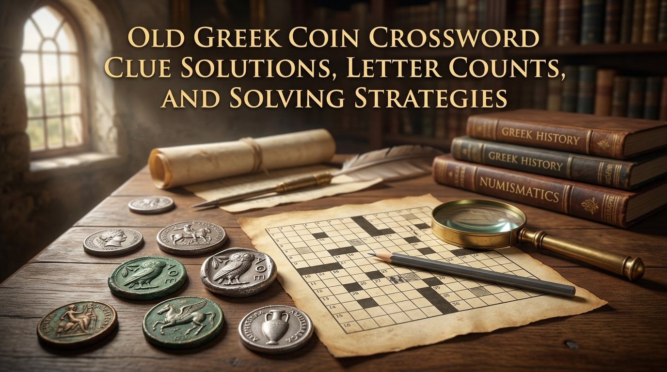 Old Greek Coin Crossword Clue featuring common answers, letter counts, ancient Greek currency, and crossword-solving tips.