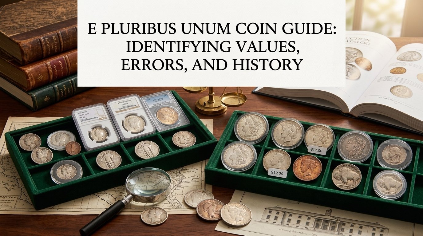E Pluribus Unum Coin Guide featuring coin values, mint marks, rare errors, historical details, inscriptions, and collecting tips.