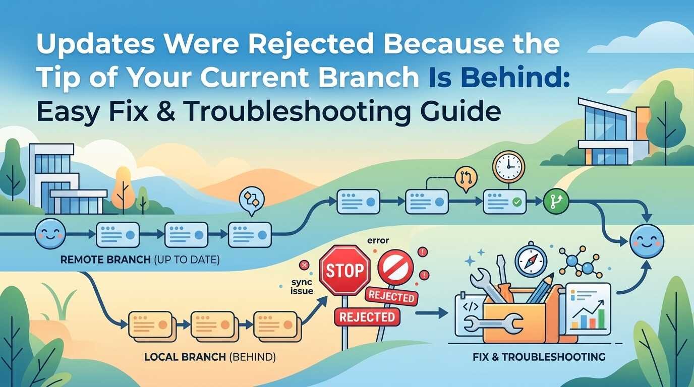 Updates Were Rejected Because the Tip of Your Current Branch Is Behind: Easy Fix & Troubleshooting Guide featuring Git push errors, branch synchronization, rebasing, and conflict resolution.