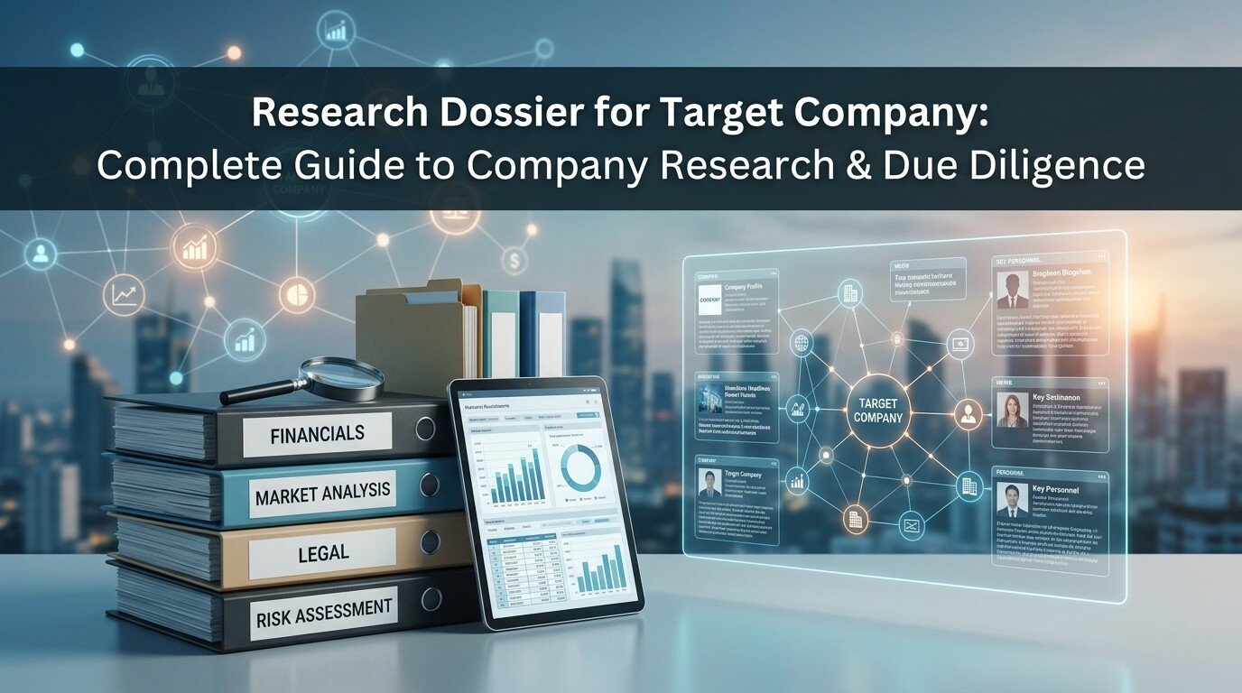 Research Dossier for Target Company Complete Guide to Company Research & Due Diligence featuring company research, business intelligence, financial analysis, competitors, and due diligence.