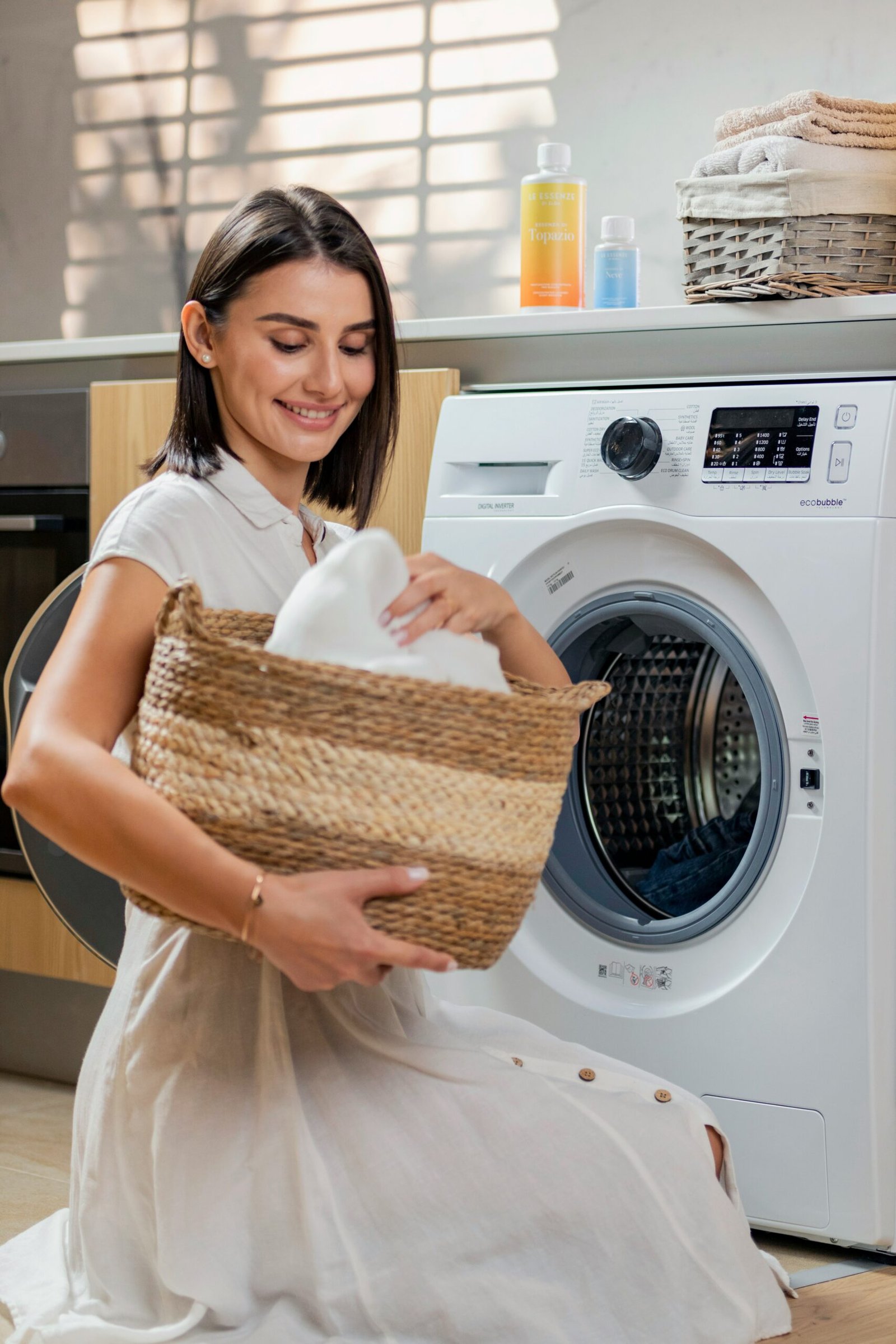 Front-load washing machine shaking violently during a high-speed spin cycle.