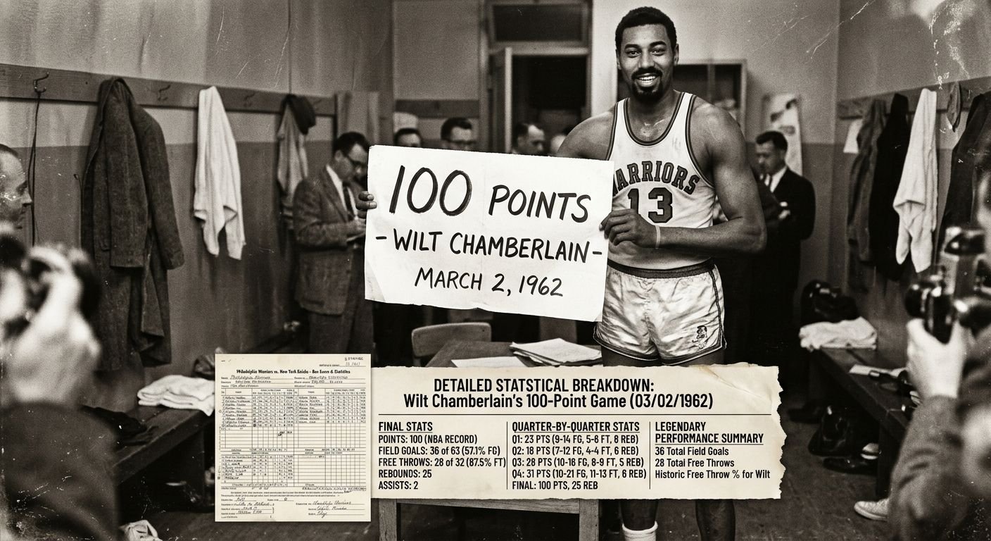 Vintage photograph of Wilt Chamberlain holding a paper with 100 points after his historic game.